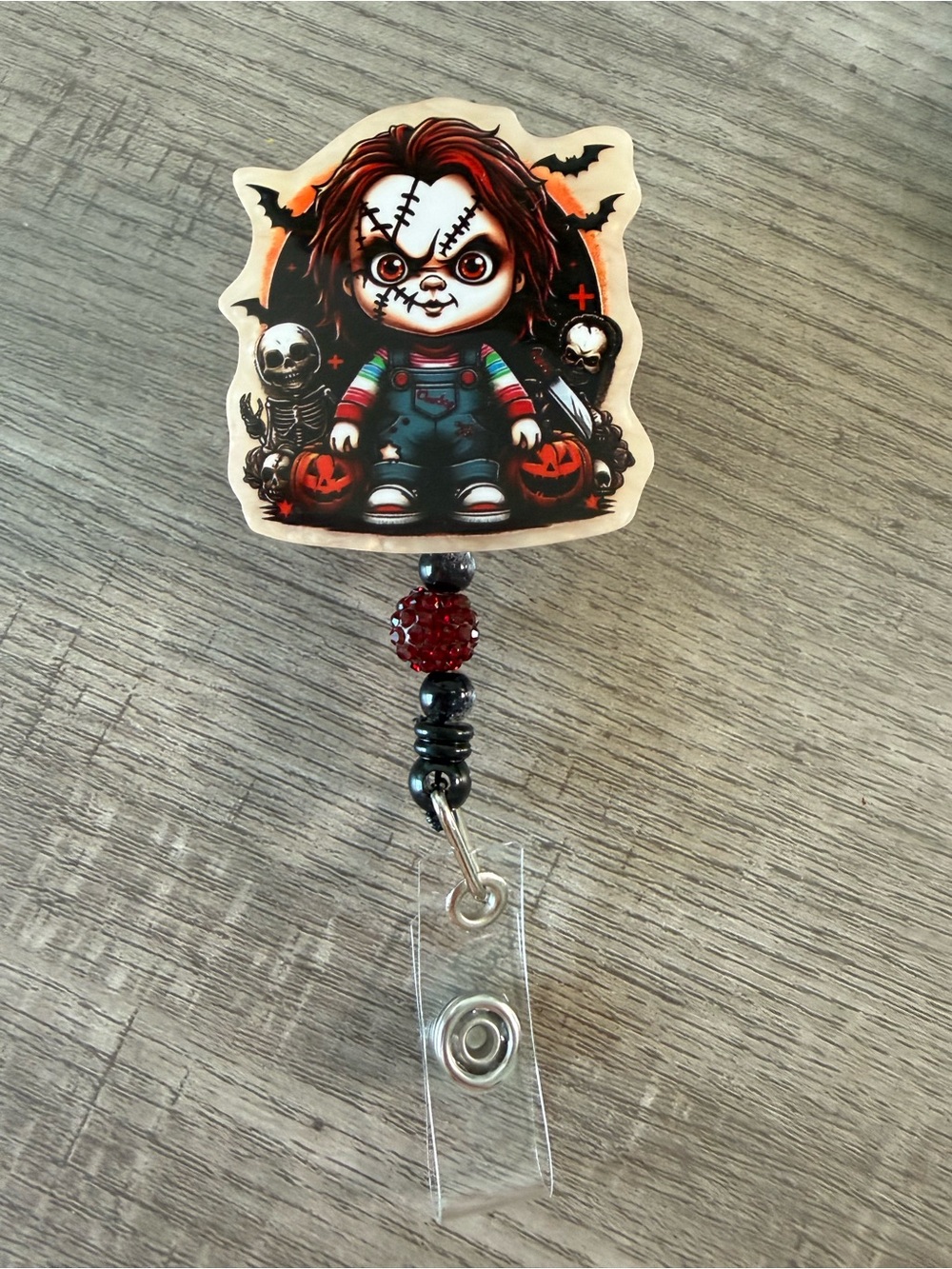 Creepy Doll Badge Reel Key & Card Holder - Red & Black